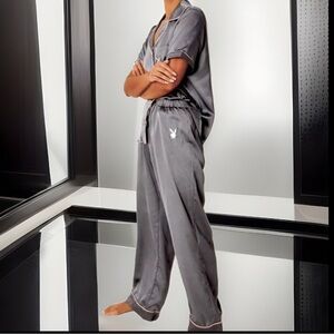 PLAYBOY Pajamas Grey Button Down Shirt & Bottoms W/🐰 Logo Embroid 2Pc Outfit